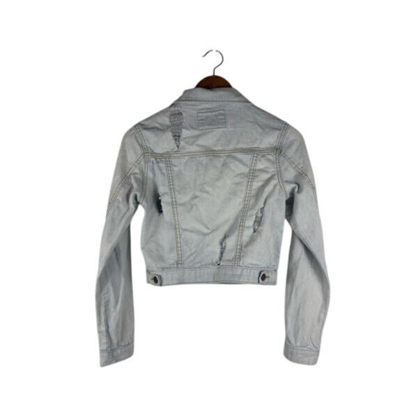 Forever 21 Small Women's Light Blue Wash Denim Distressed Jean Jacket Cropped - Picture 6 of 11